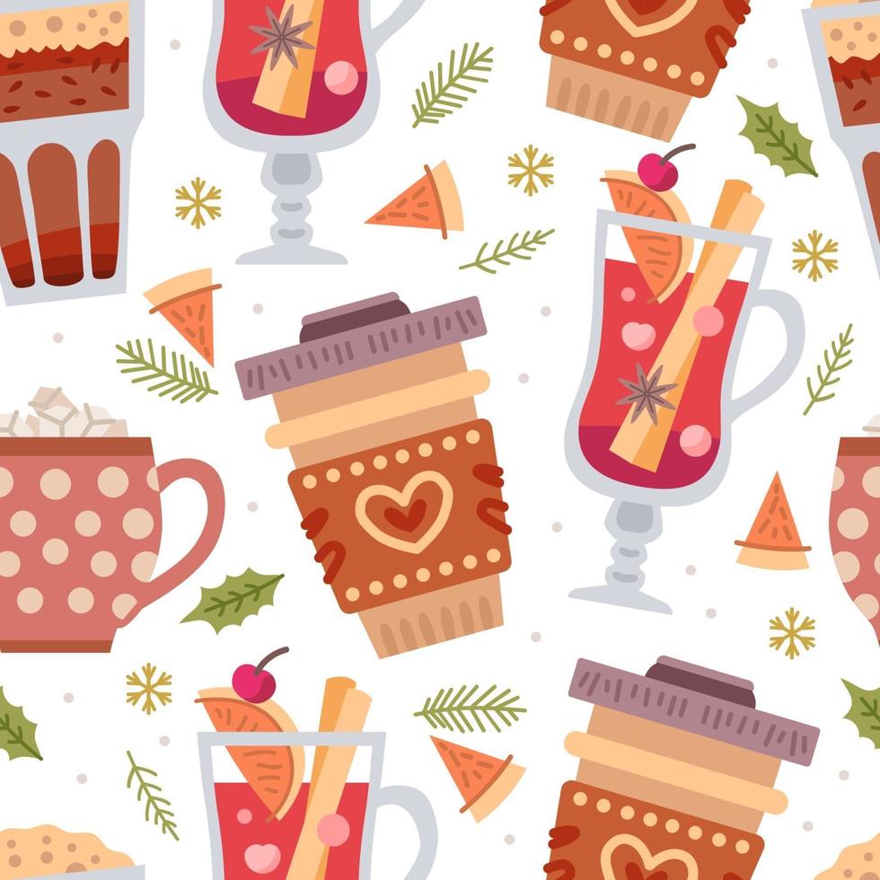Christmas sweets seamless pattern with winter hot drinks vector