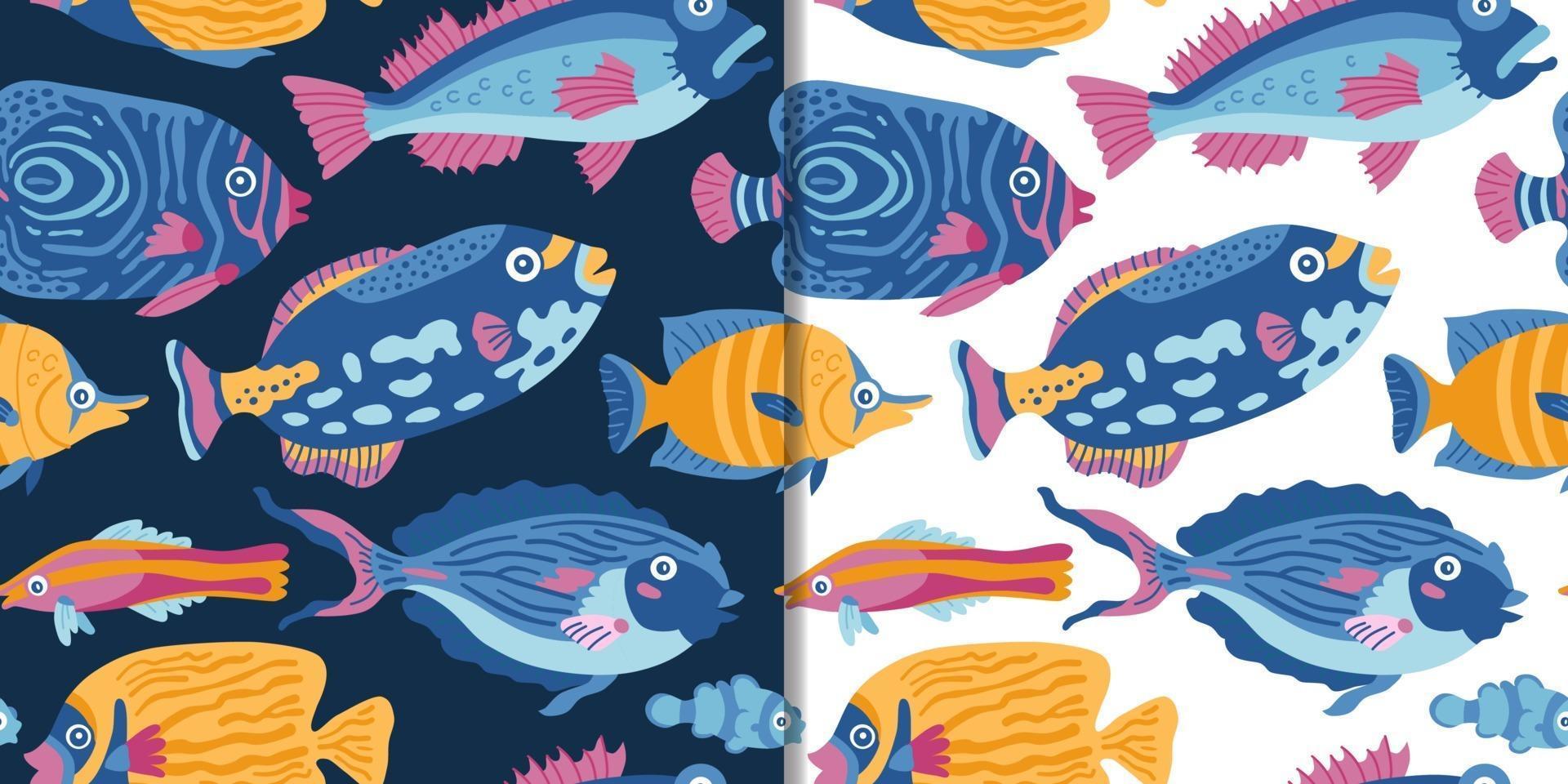 Tropical sea set with seamless pattern and cute fish, vector design