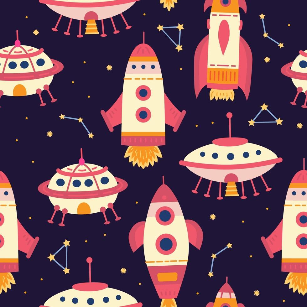 Space rocket seamless pattern in cartoon style. Vector pattern.
