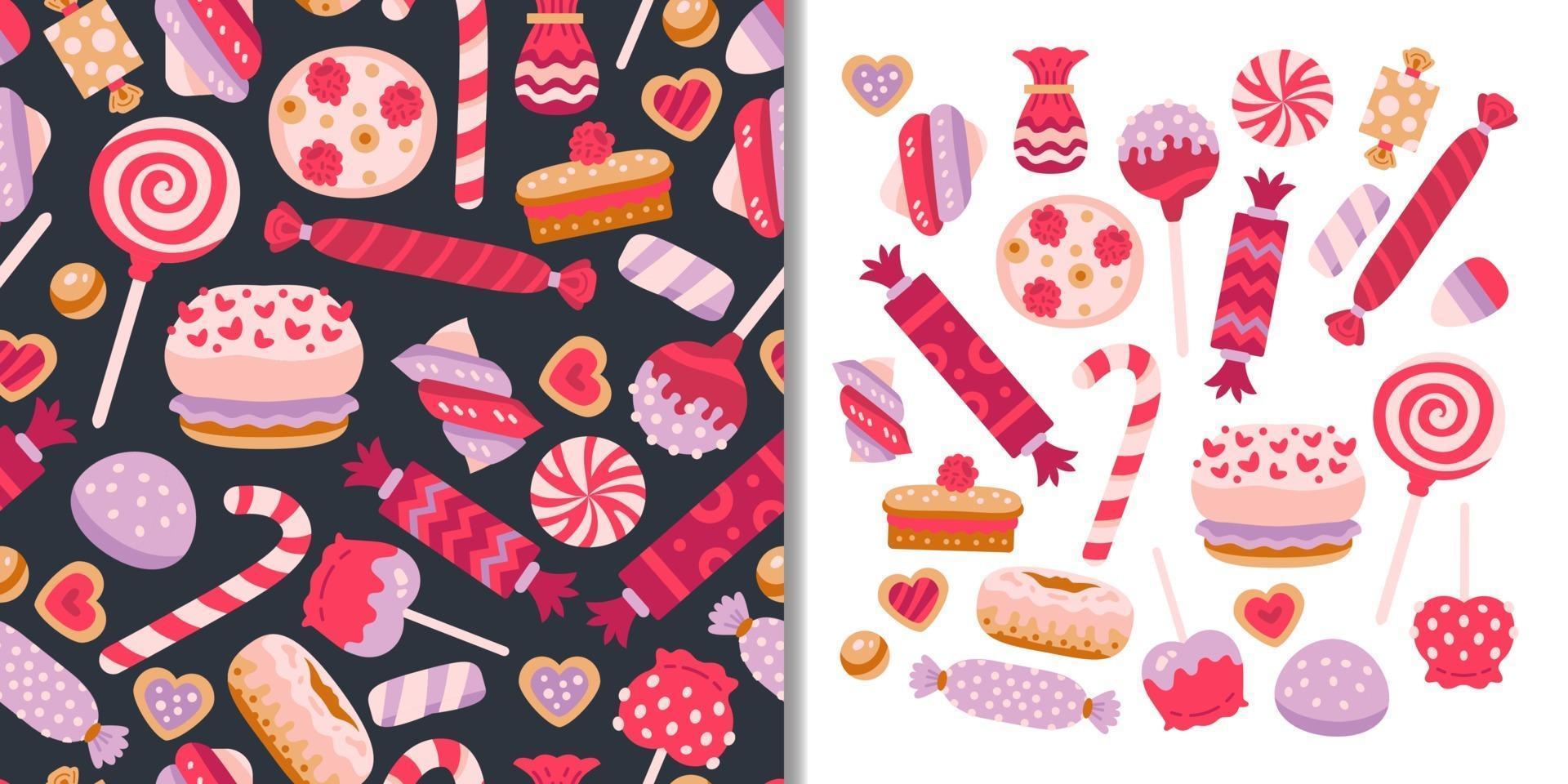 Sweets candies set with seamless pattern vector