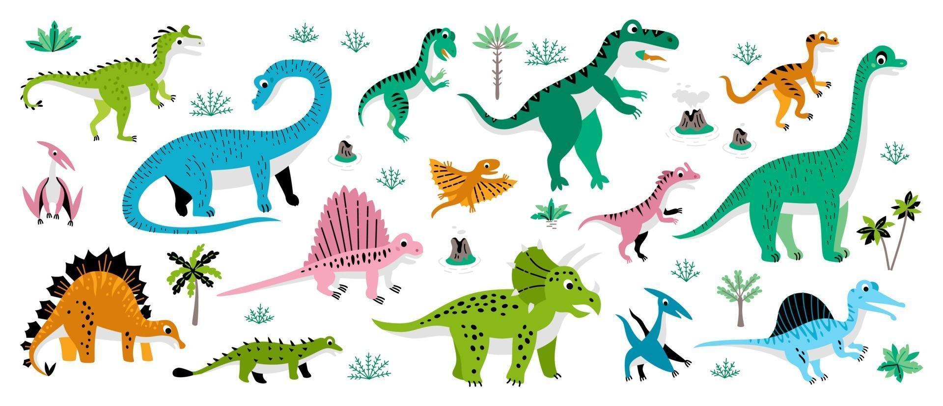 Cute Dinosaurs set with tropic tree vector