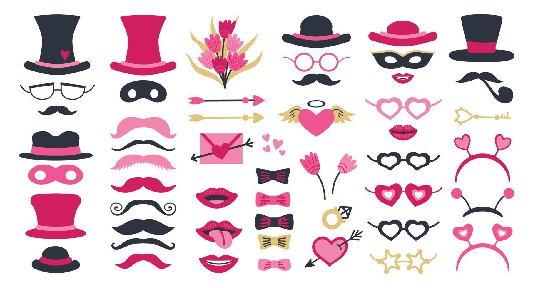 Cute Valentine Day photo booth props as set of party graphic elements vector