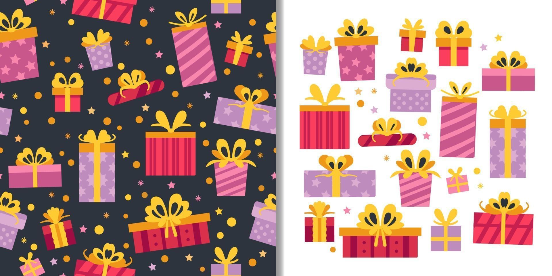 Regalos de fiesta con patrones sin fisuras y lindos elementos de cajas de regalo. vector