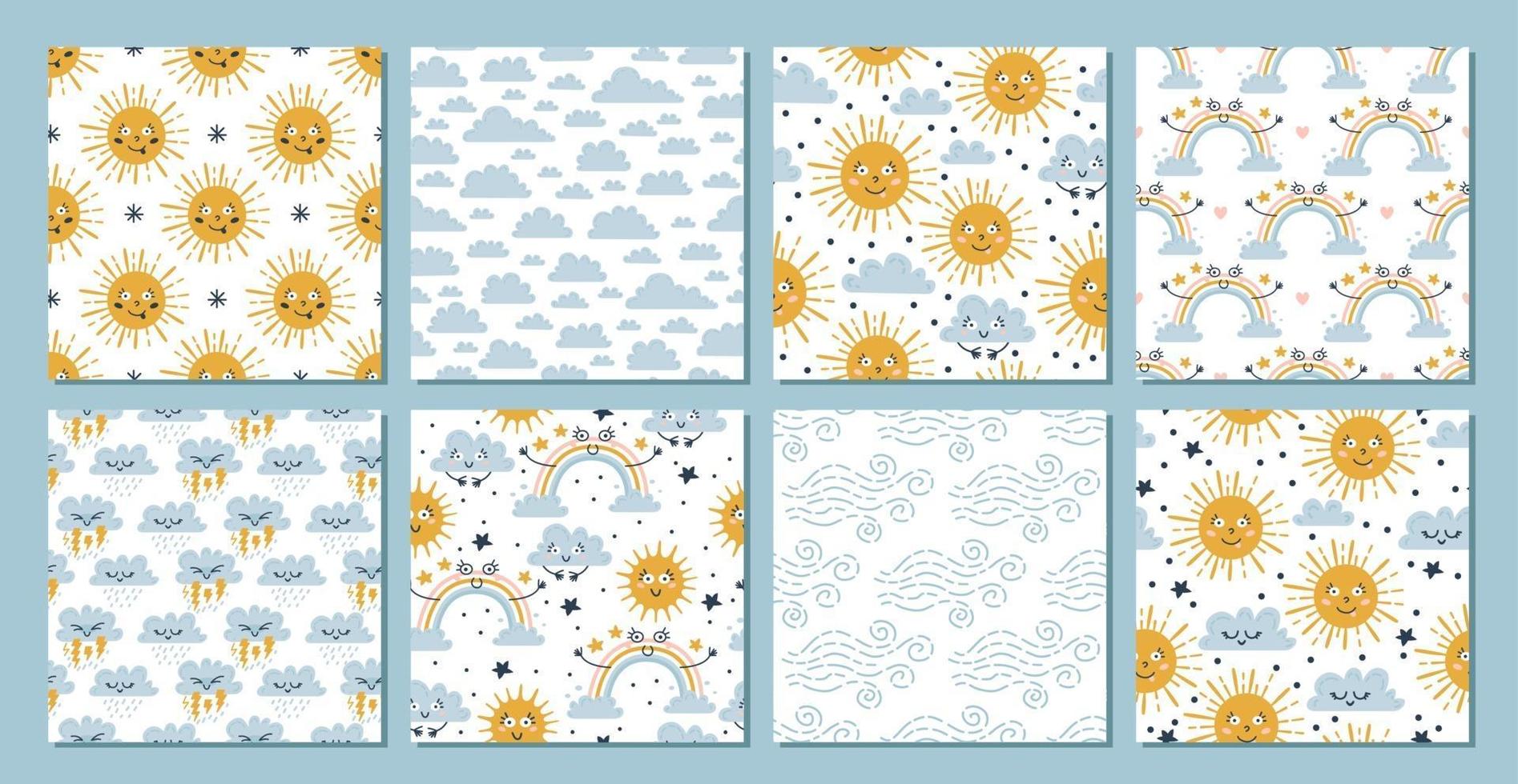 8 baby sky seamless patterns. Rain and clouds. vector