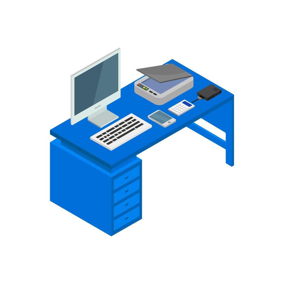 Isometric office desk on white background vector