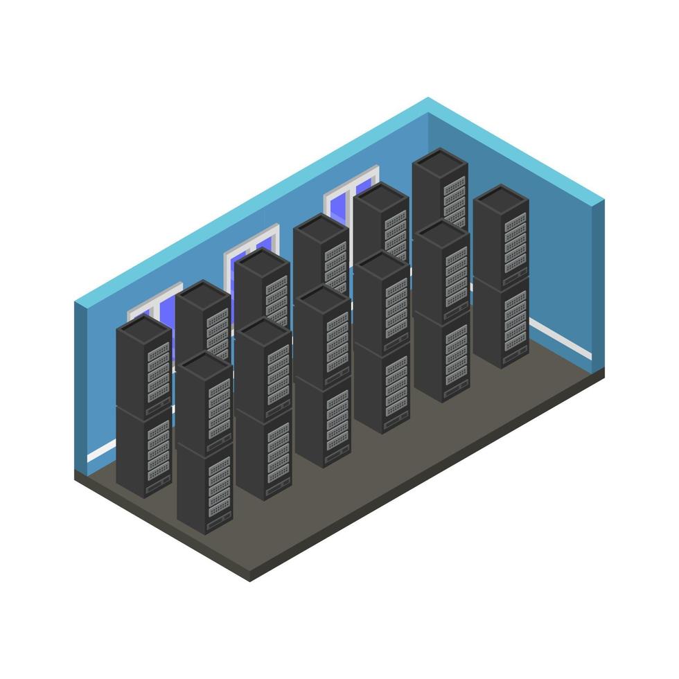 Sala de servidores isométrica sobre un fondo blanco. vector