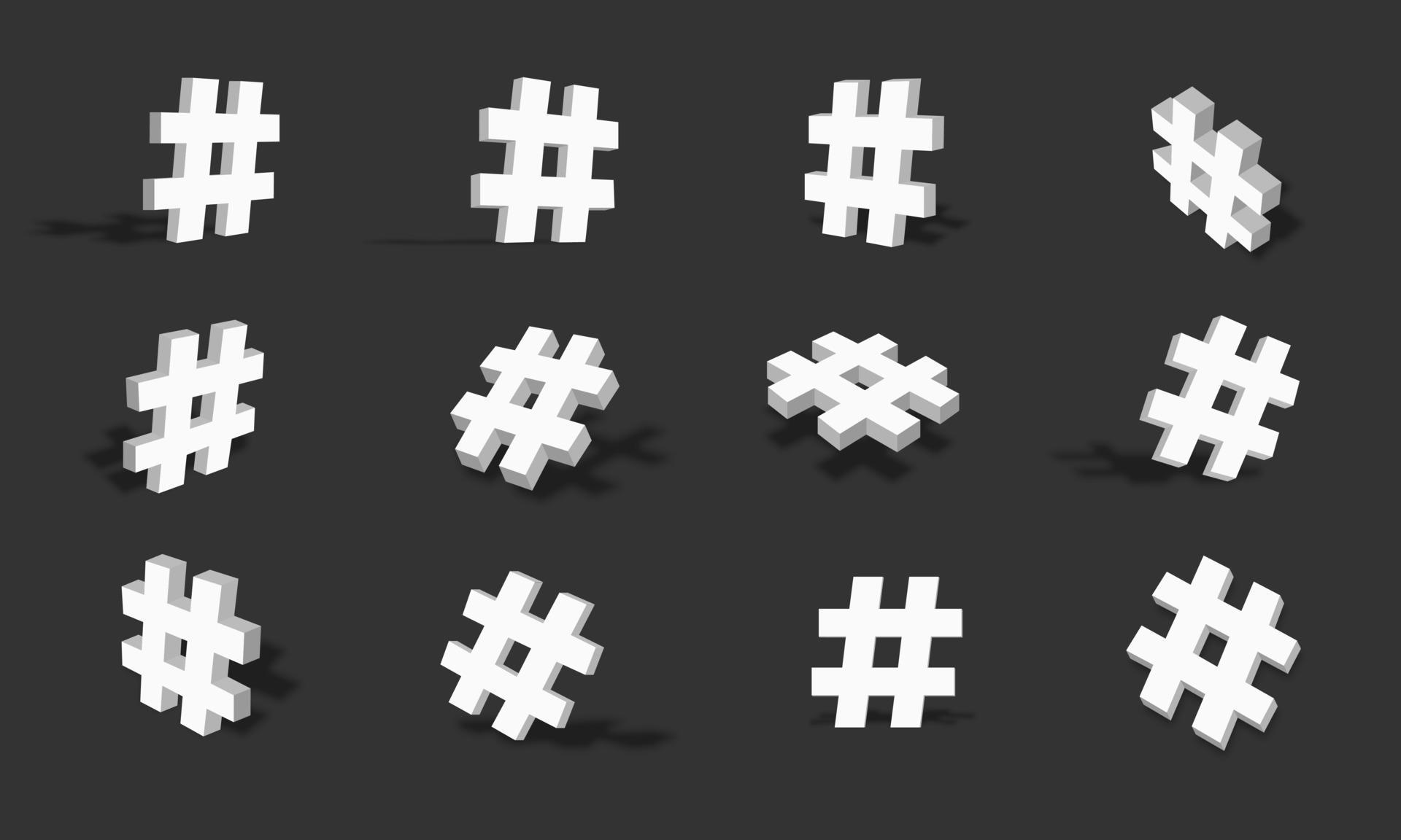 White 3d hashtag icon illustration with different views and angles