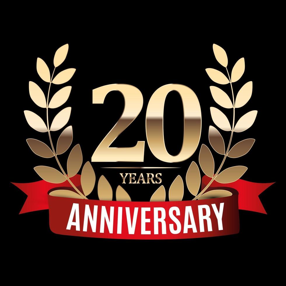 20 Years Anniversary Golden Template with Red Ribbon and Laurel wreath vector