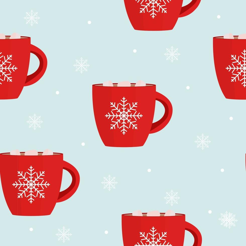 Hot chocolate seamless pattern winter snowflake Background. vector