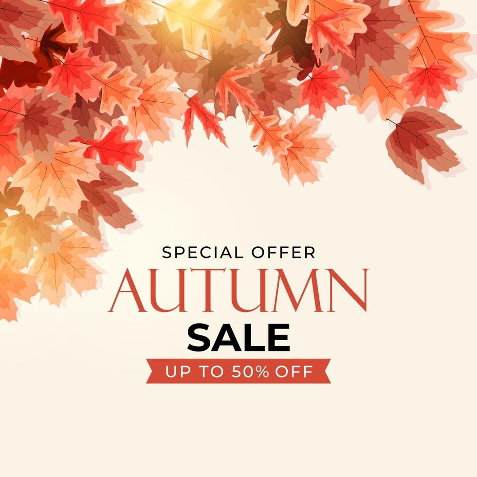 Banner de venta de hojas de otoño brillante. tarjeta de descuento comercial. vector