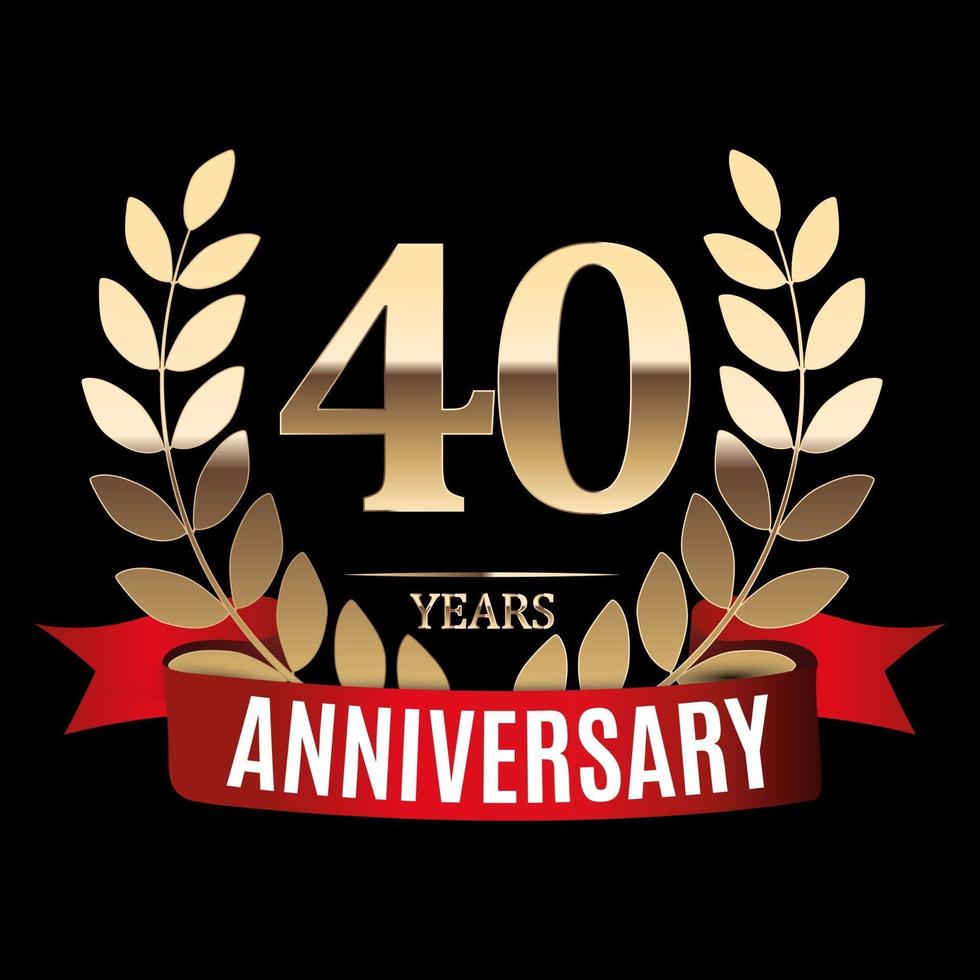 40 Years Anniversary Golden Template with Red Ribbon and Laurel wreath vector
