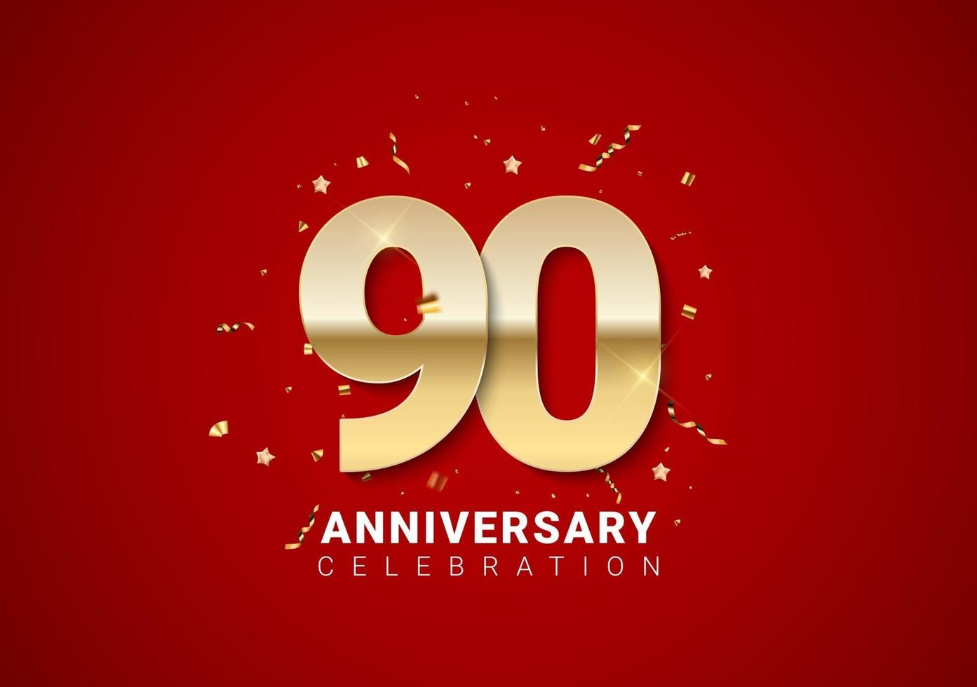 90 anniversary background with golden numbers, confetti, stars vector