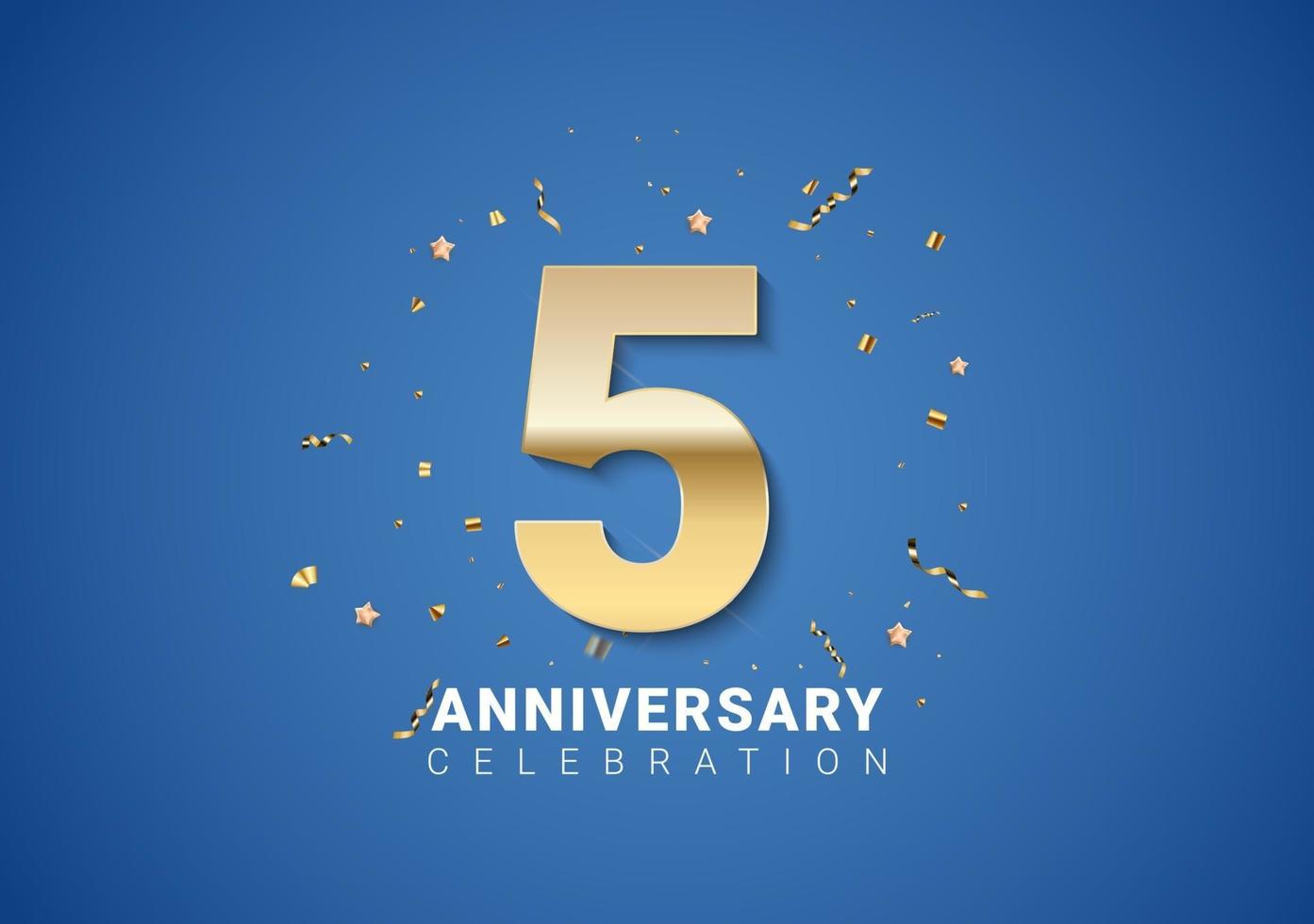 5 anniversary background with golden numbers, confetti, stars vector