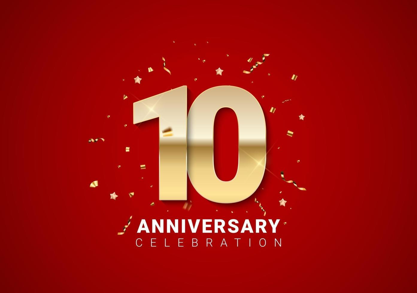 10 anniversary background with golden numbers, confetti, stars vector