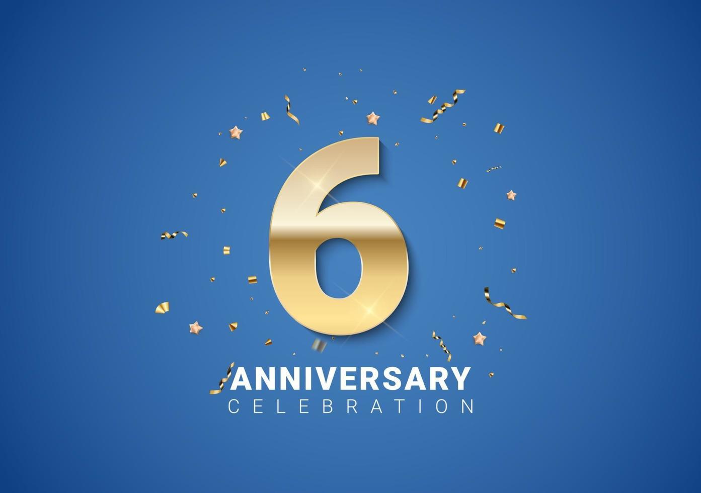 6 anniversary background with golden numbers, confetti, stars vector