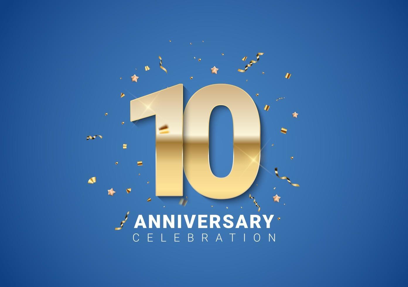 10 anniversary background with golden numbers, confetti, stars vector