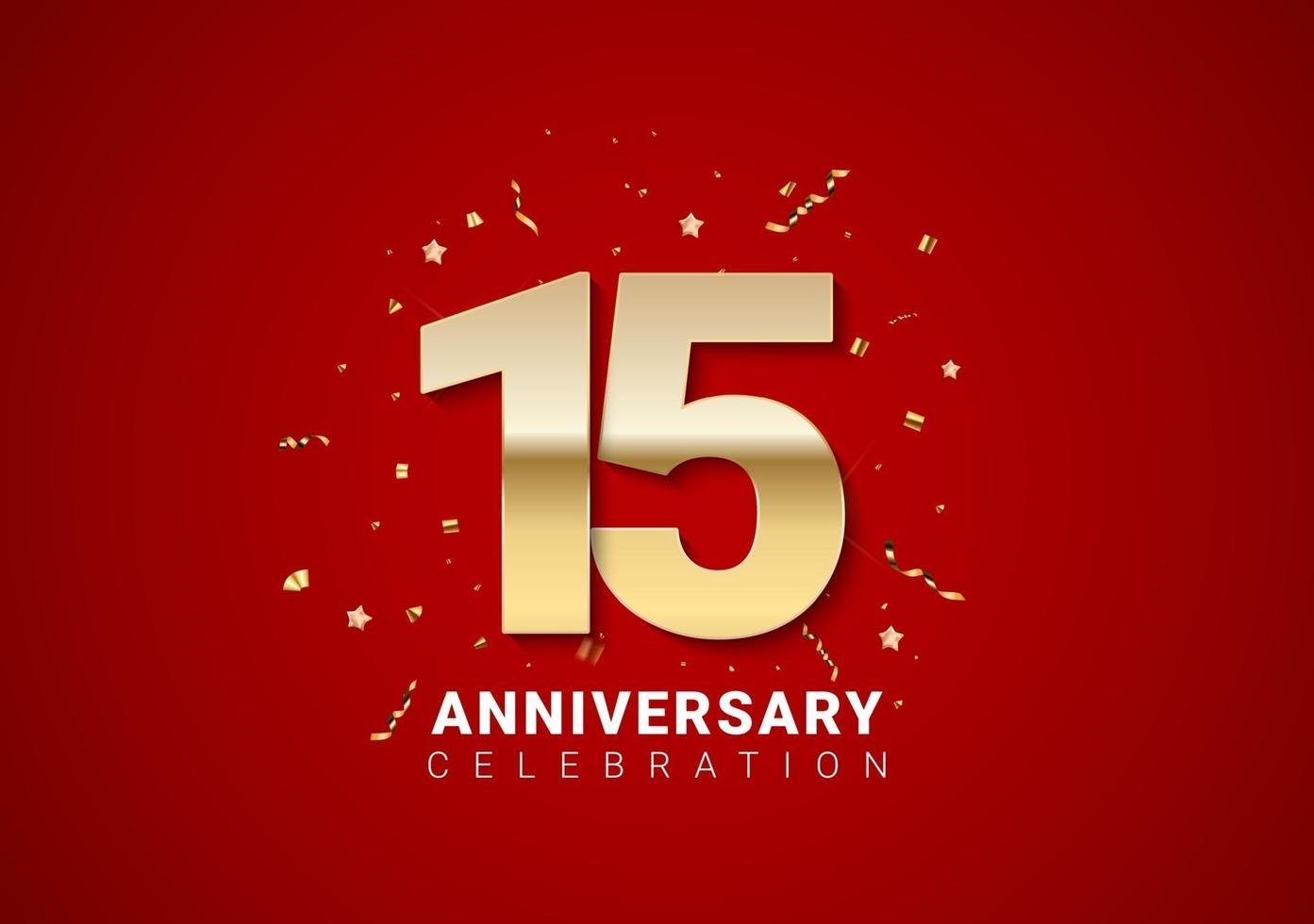 15 anniversary background with golden numbers, confetti, stars vector