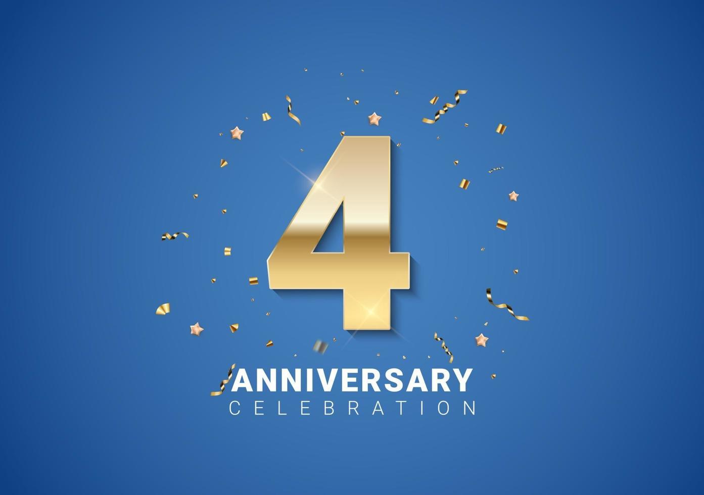 4 anniversary background with golden numbers, confetti, stars vector