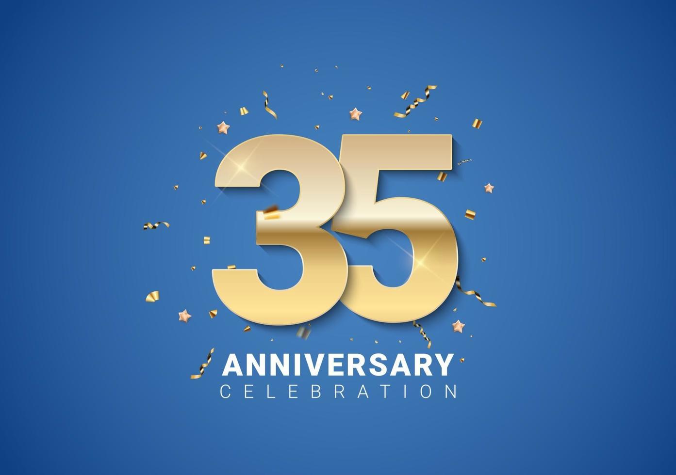 35 anniversary background with golden numbers, confetti, stars vector