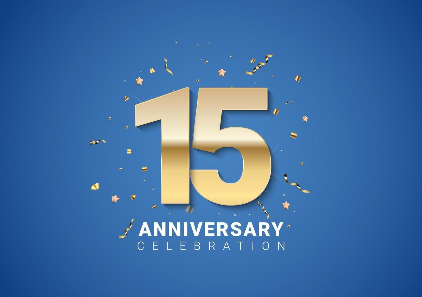 15 anniversary background with golden numbers, confetti, stars vector