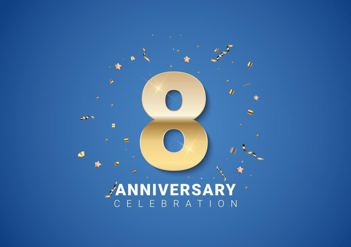 8 anniversary background with golden numbers, confetti, stars vector