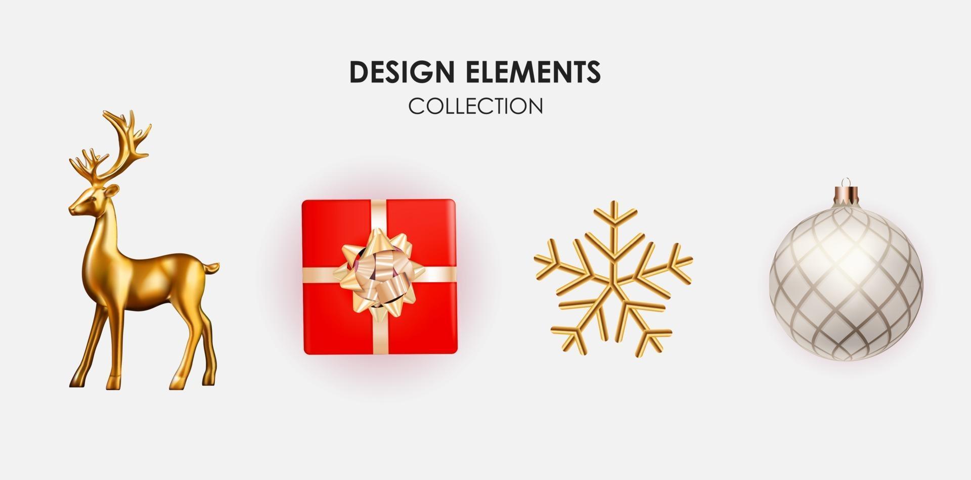 Golden deer, gift box, snowflake and ball 3d decoration for christmas vector