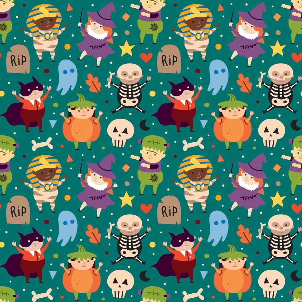 Halloween pattern Pumpkin vampire mummy witch skeleton monster vector