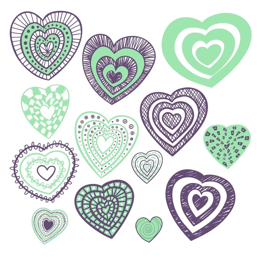 corazones morados y verdes dibujados a mano vector