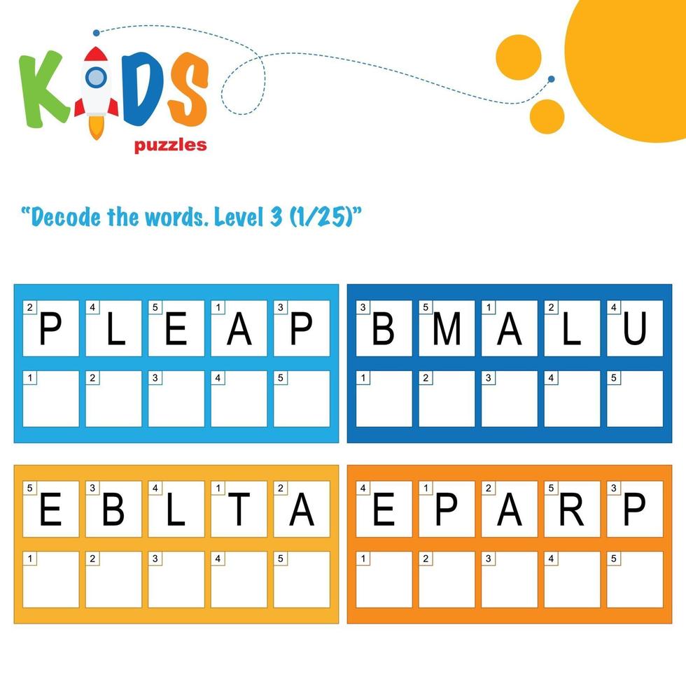Decode the hidden words. Easy logical printable worksheet for kids vector