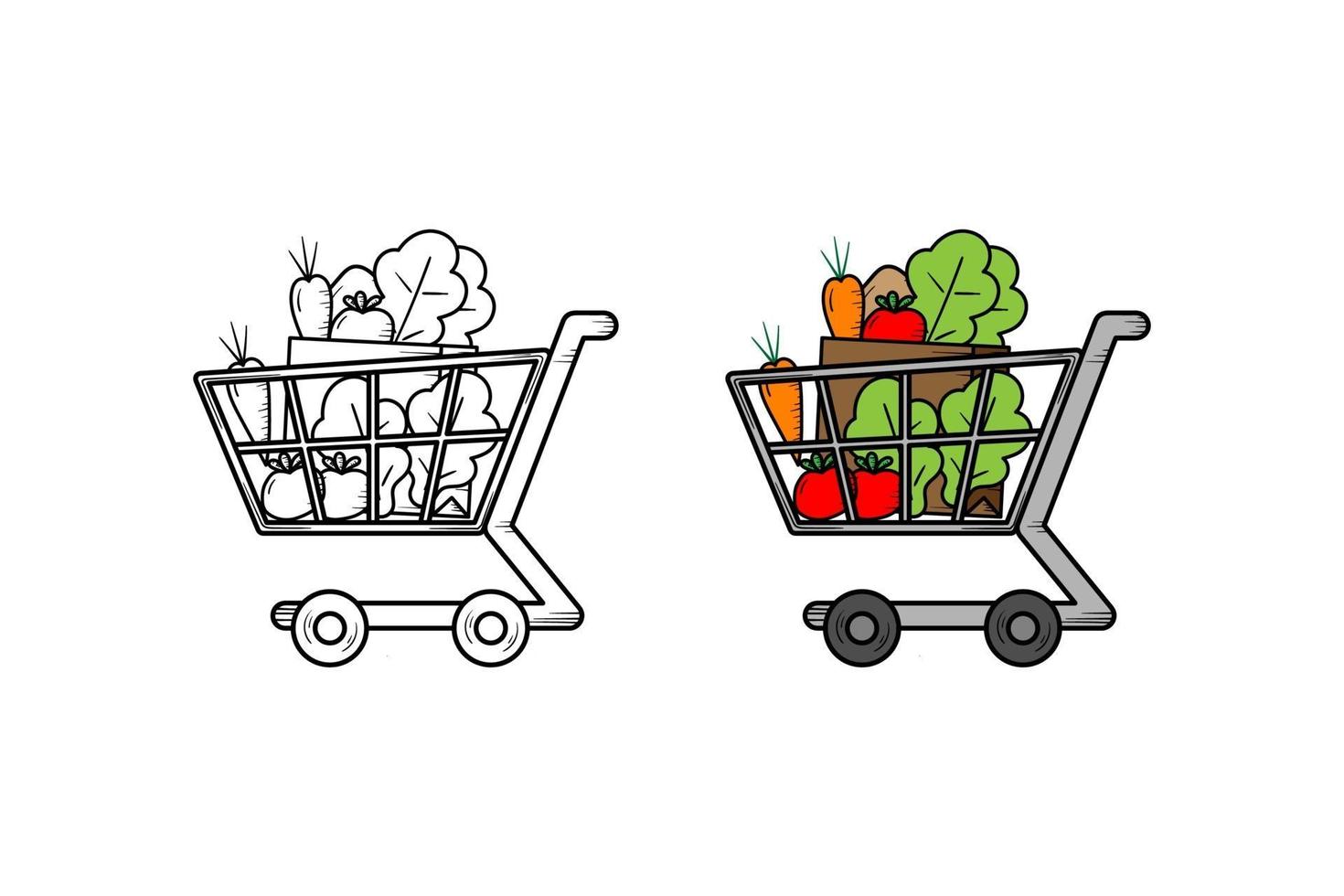 Shopping cart vegetables hand drawn illustration sketch and color vector