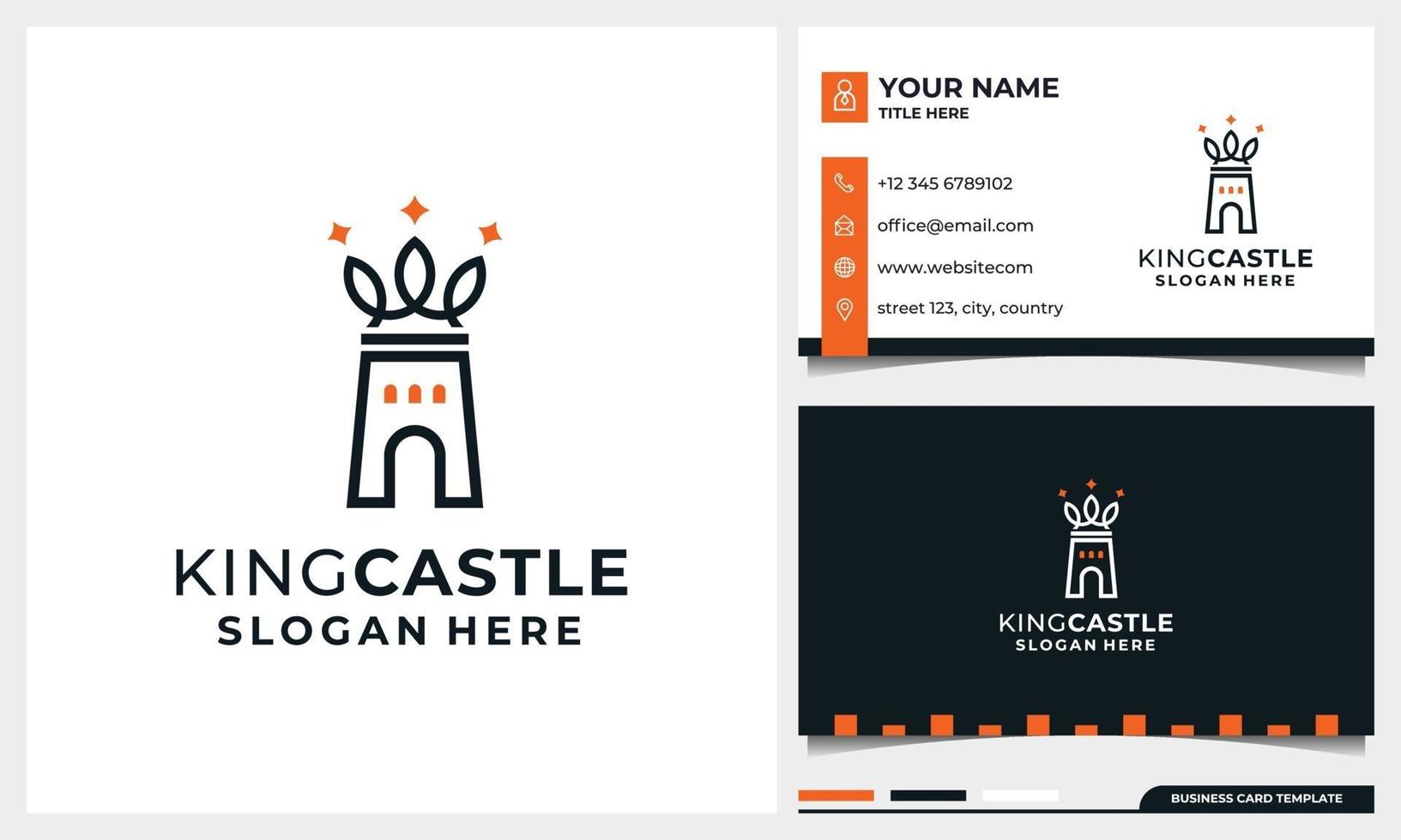 Line art castle with crown concept logo design with business card vector
