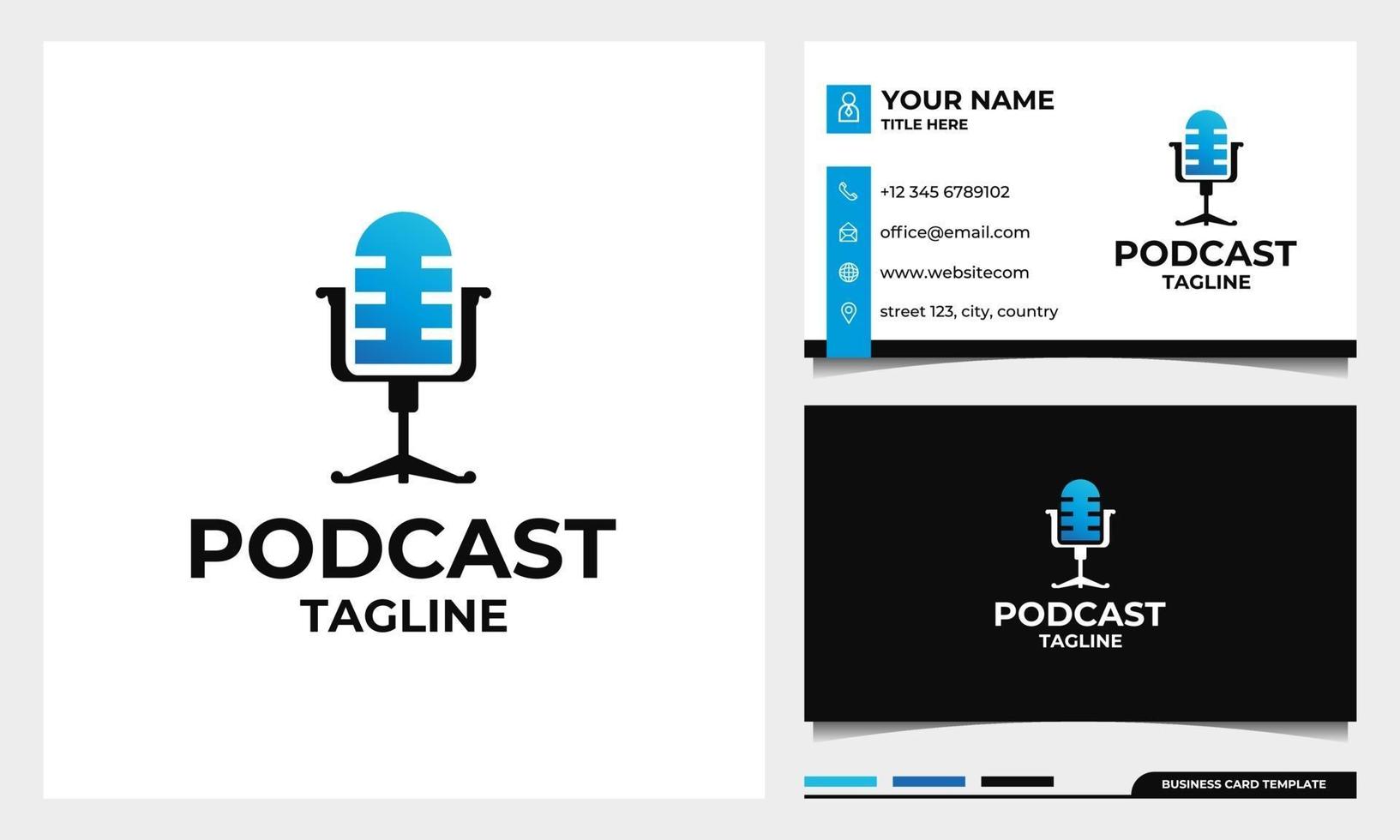 silla podcast micrófono diseño de logotipo con plantilla de tarjeta de visita vector
