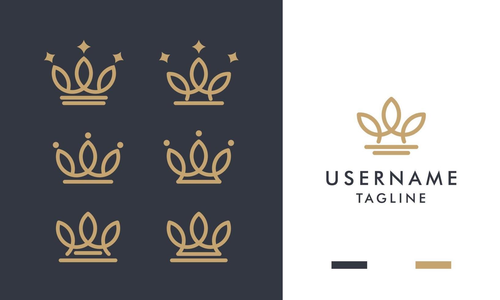 conjunto de icono de coronas de oro real y diseño de logotipo con estilo de arte lineal vector