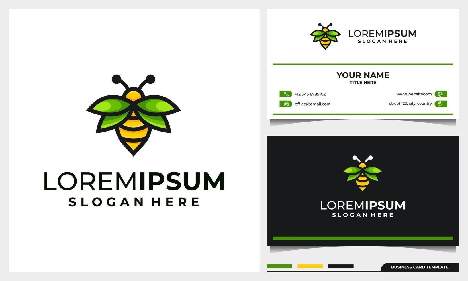 diseño de logotipo de abeja de miel con concepto de hoja de ala y tarjeta de visita vector