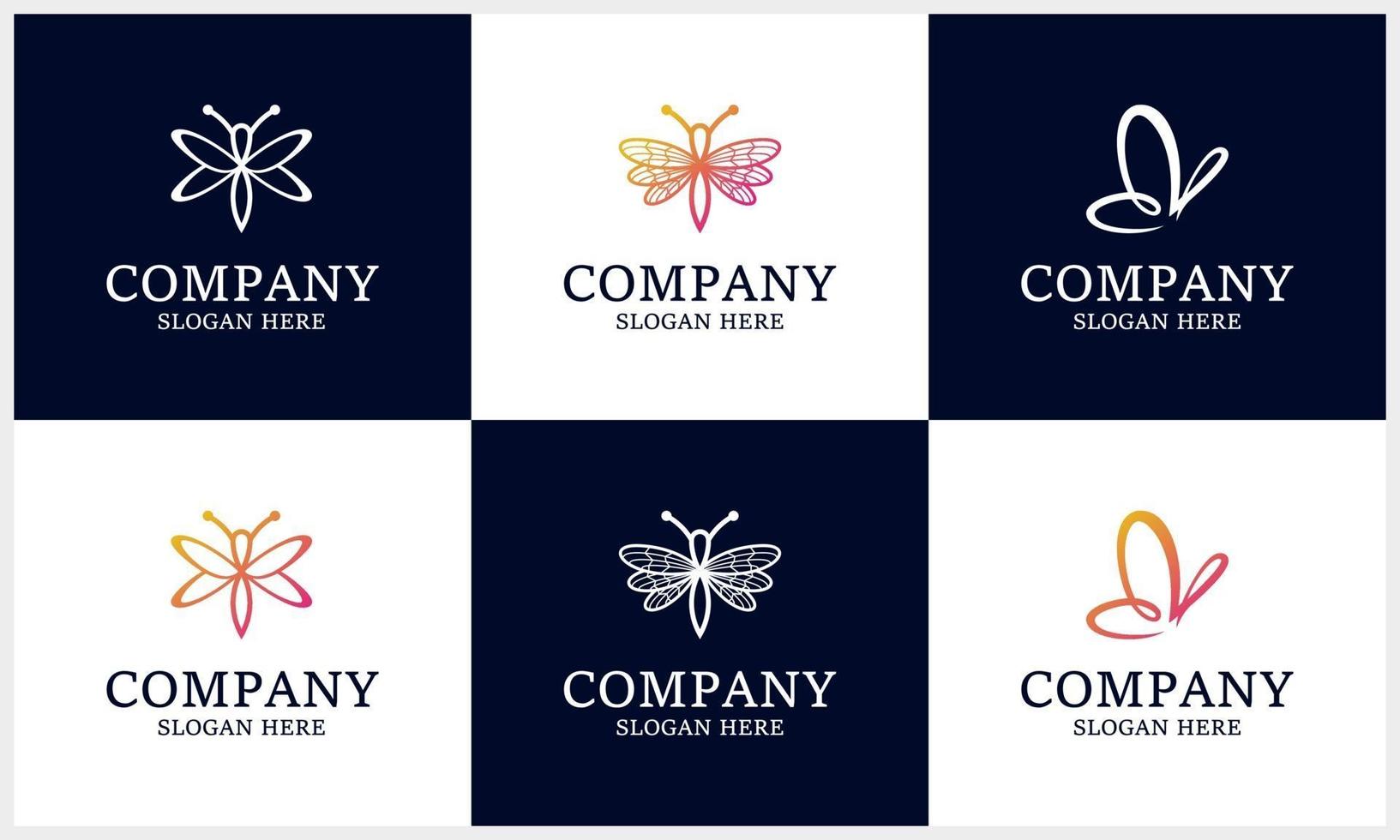 conjunto de logotipo de insecto, libélula degradada, plantilla de diseño de logotipo de mariposa vector