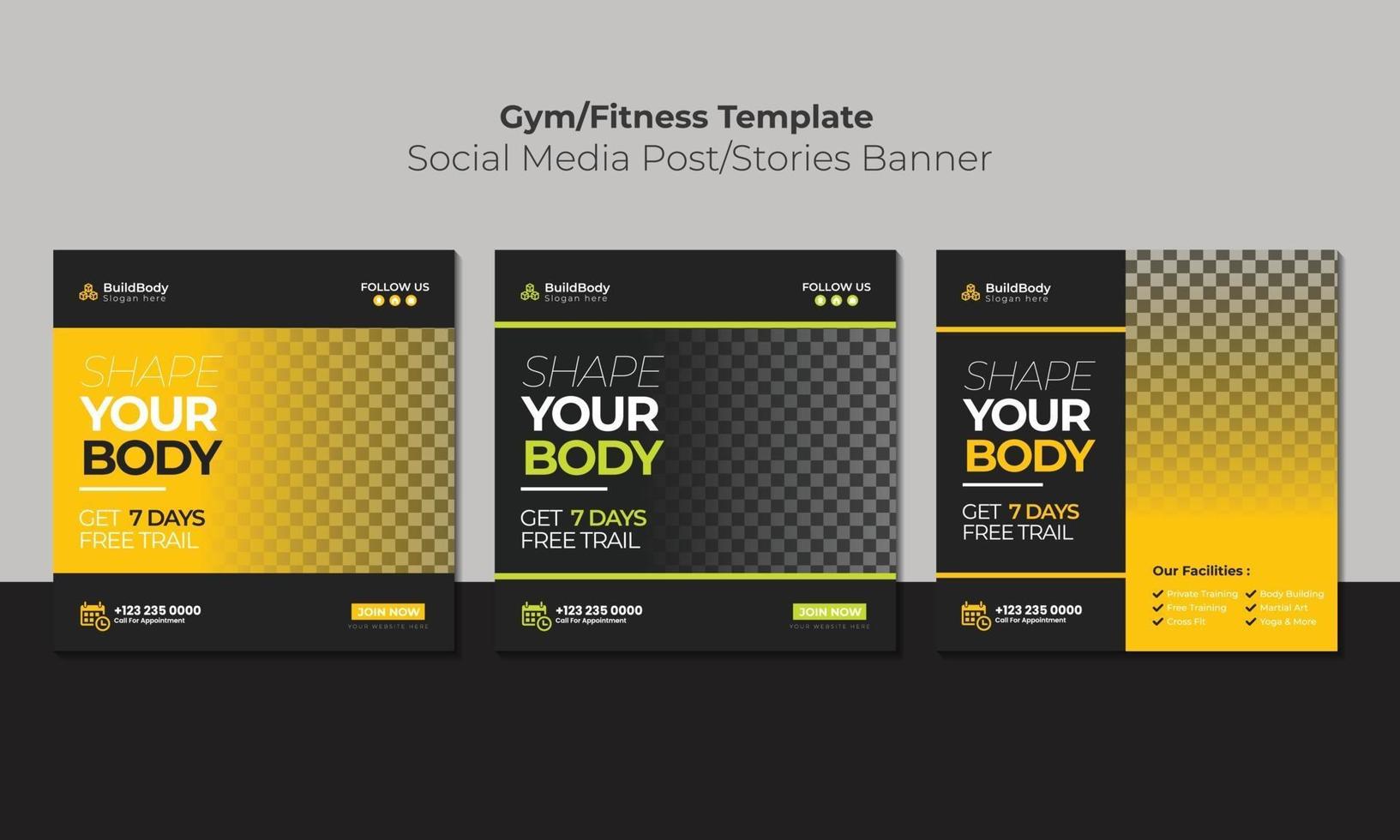 Set of social media post template design for gym fitness vector
