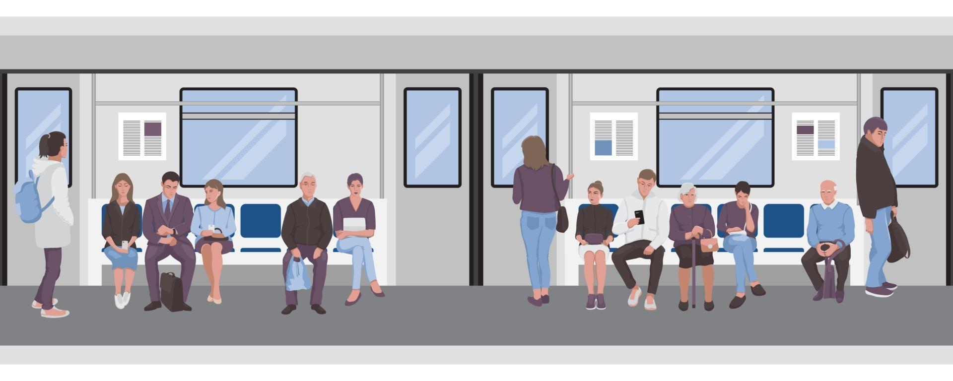 personas dentro de un tren subterráneo. pasajeros de metro frontera sin costuras vector