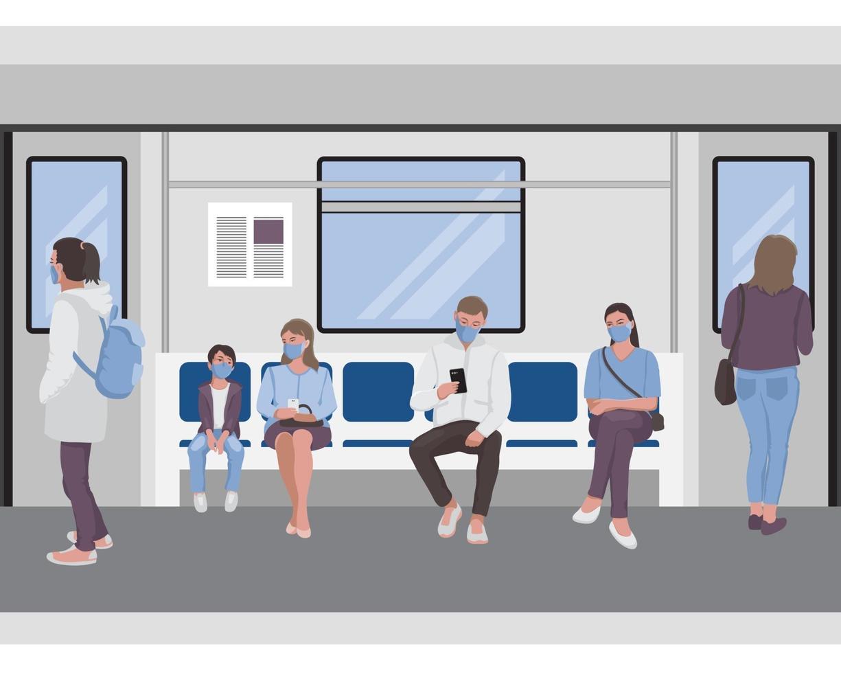 distanciamiento social de las personas dentro de un tren subterráneo frontera sin costuras vector