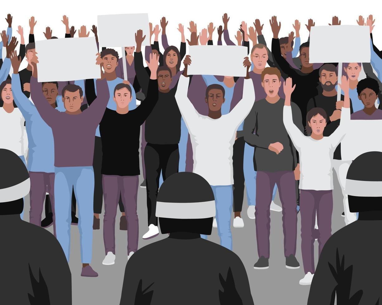Protesting people with hands up and the police seamless border. vector