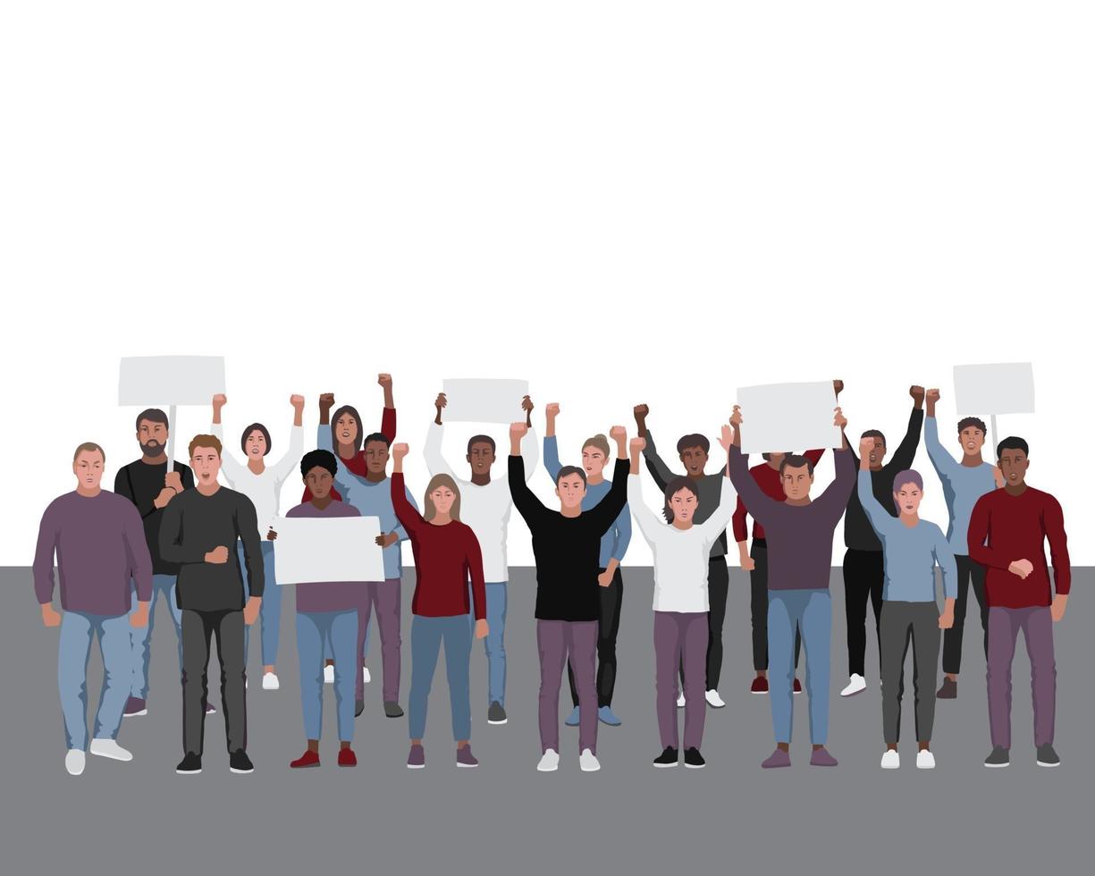 Protesting people with fists raised. Public protest illustration vector