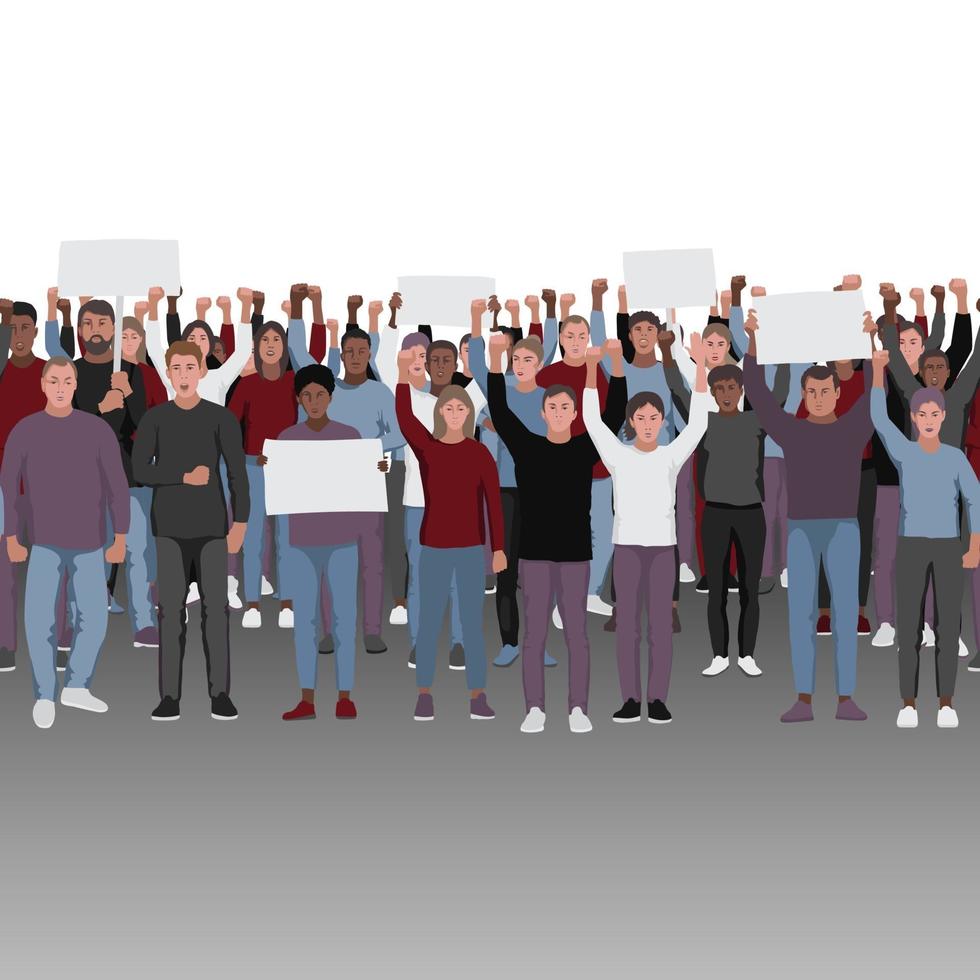 Protesting people with fists raised seamless border. vector