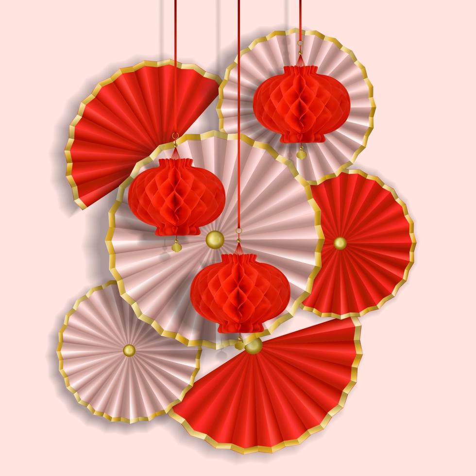 Red and white composition with paper flowers, fans and lanterns vector