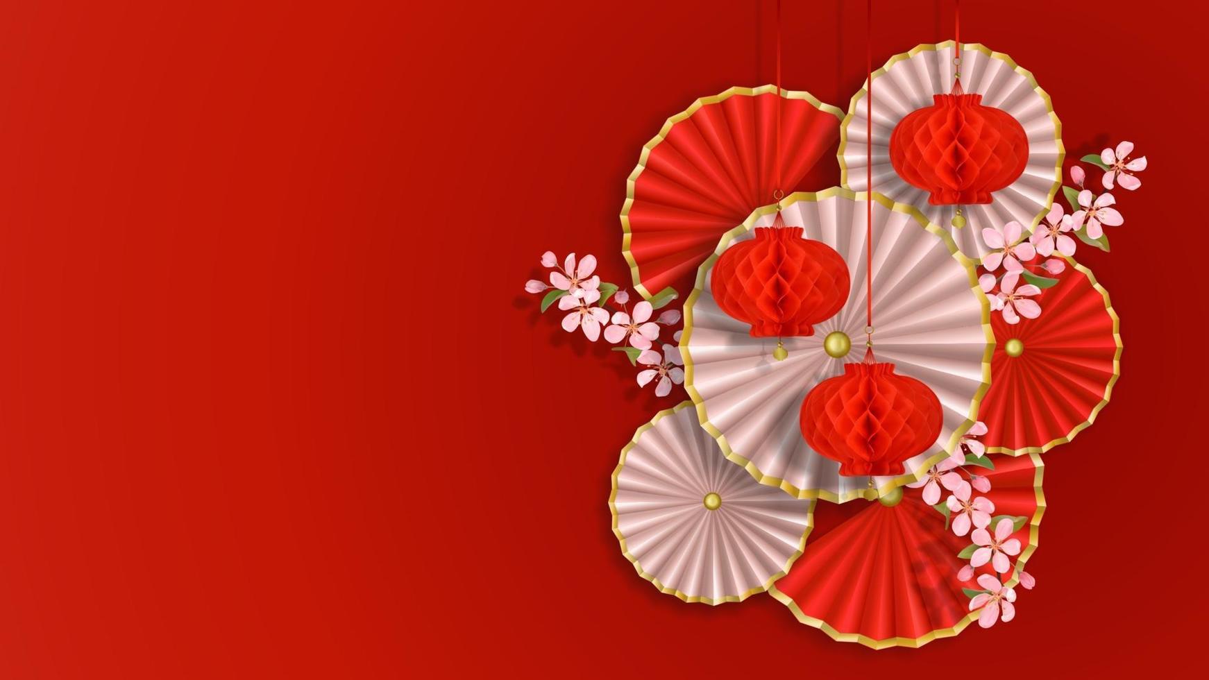 Red and white composition with sakura, paper flowers, fans vector