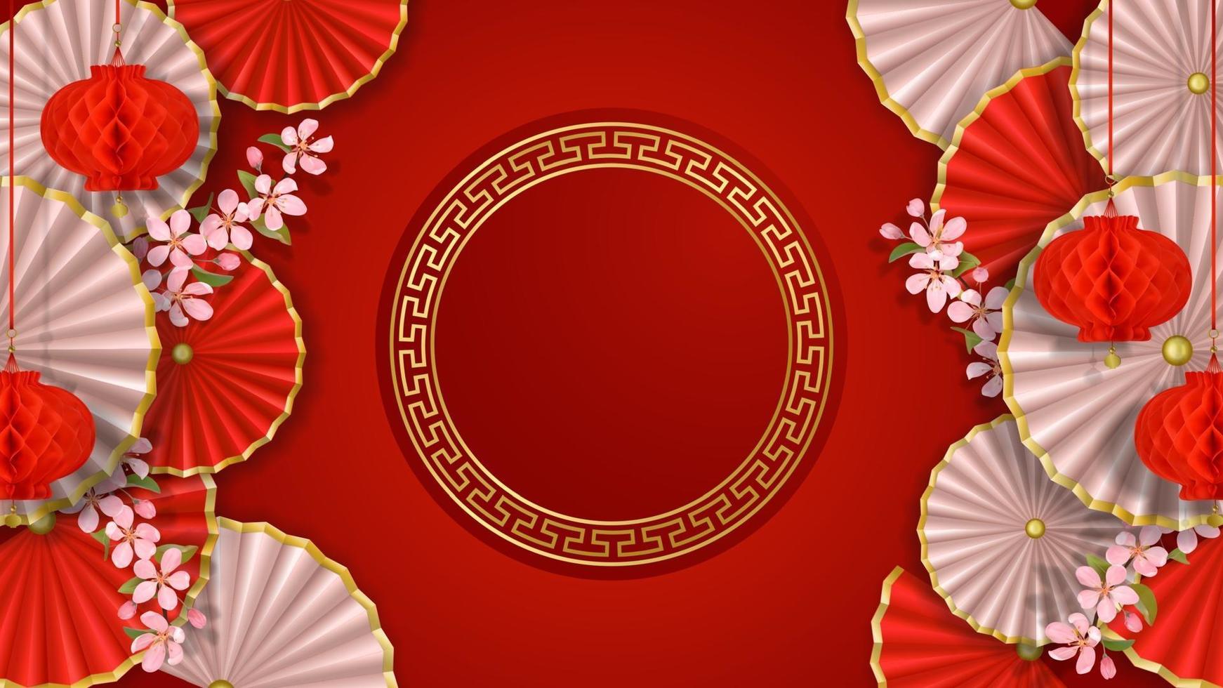 Red and white banner with sakura, paper flowers, fans and lanterns vector