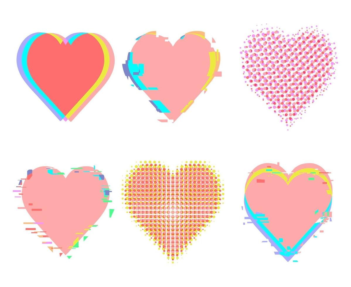 Glitch noise distortion and halftone hearts set vector