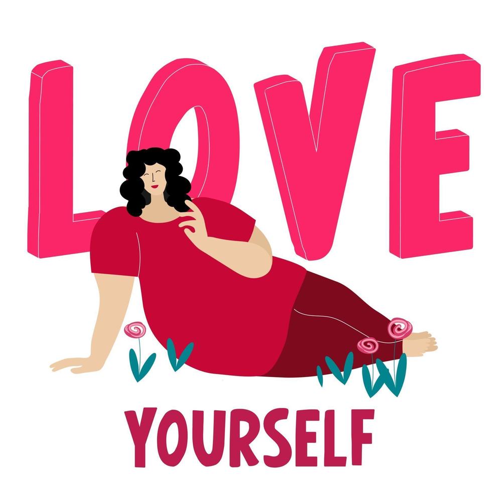 Body positive woman with inscription love yourself. vector