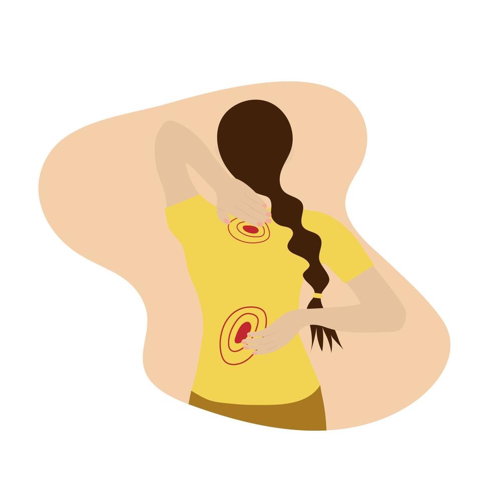 Backache. Woman with pain in neck and back. vector