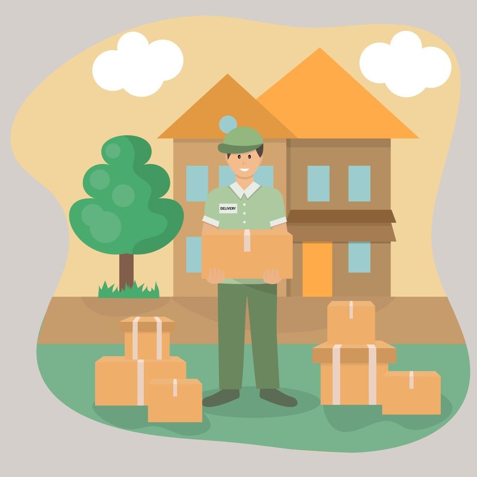 Delivery man with parcels in the suburbs. vector