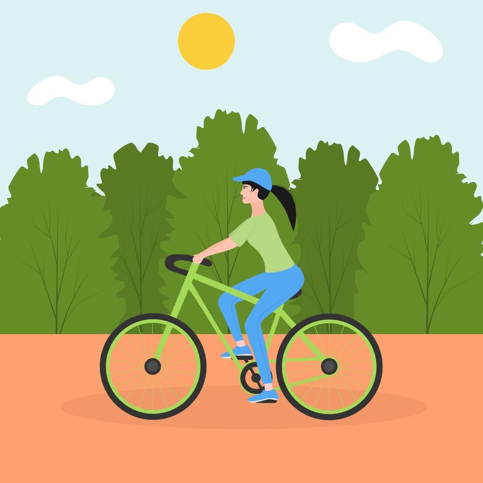 Young sport girl riding a bicycle in the city park. vector