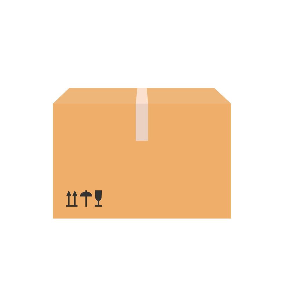 Carton delivery packaging closed box with fragile signs. vector
